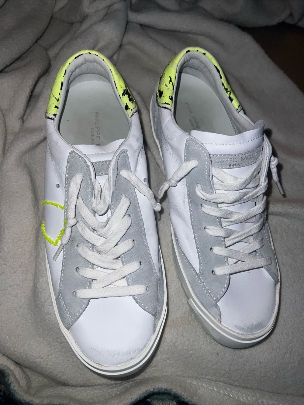 Philippe Model White Sneakers with Neon Yellow Heel - Picture 1 of 5